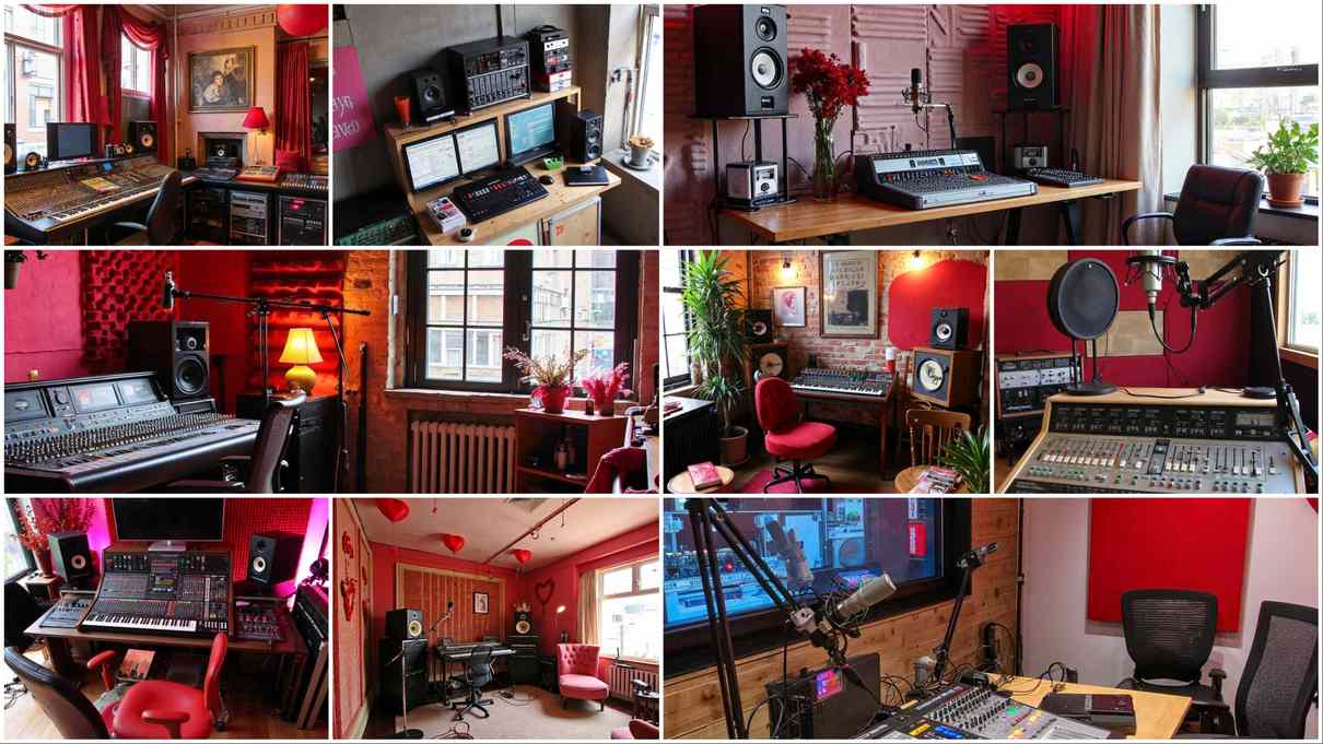 Collage of nine music studio setups, each with mixing consoles, microphones, and speakers. The settings are mostly decorated with red accents, featuring various arrangements including computer monitors, plants, and artistic wall hangings, all in cozy, well-lit rooms.